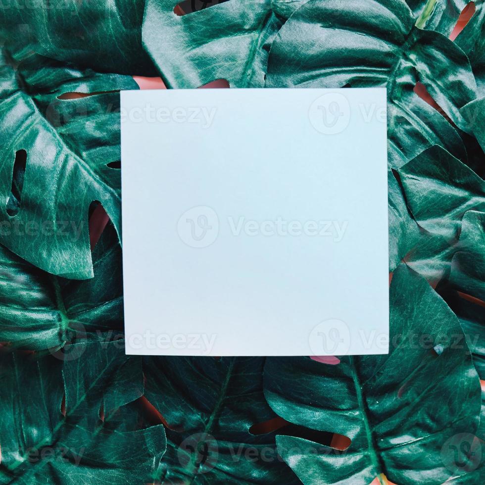 Blank paper on green leaves background for poster or template design, spring concept photo