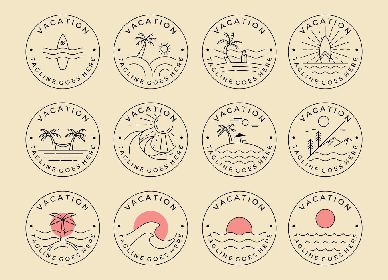 conjunto de diseño de ilustración de vector de plantilla de insignia de logotipo de arte de línea minimalista de vacaciones de verano en el océano