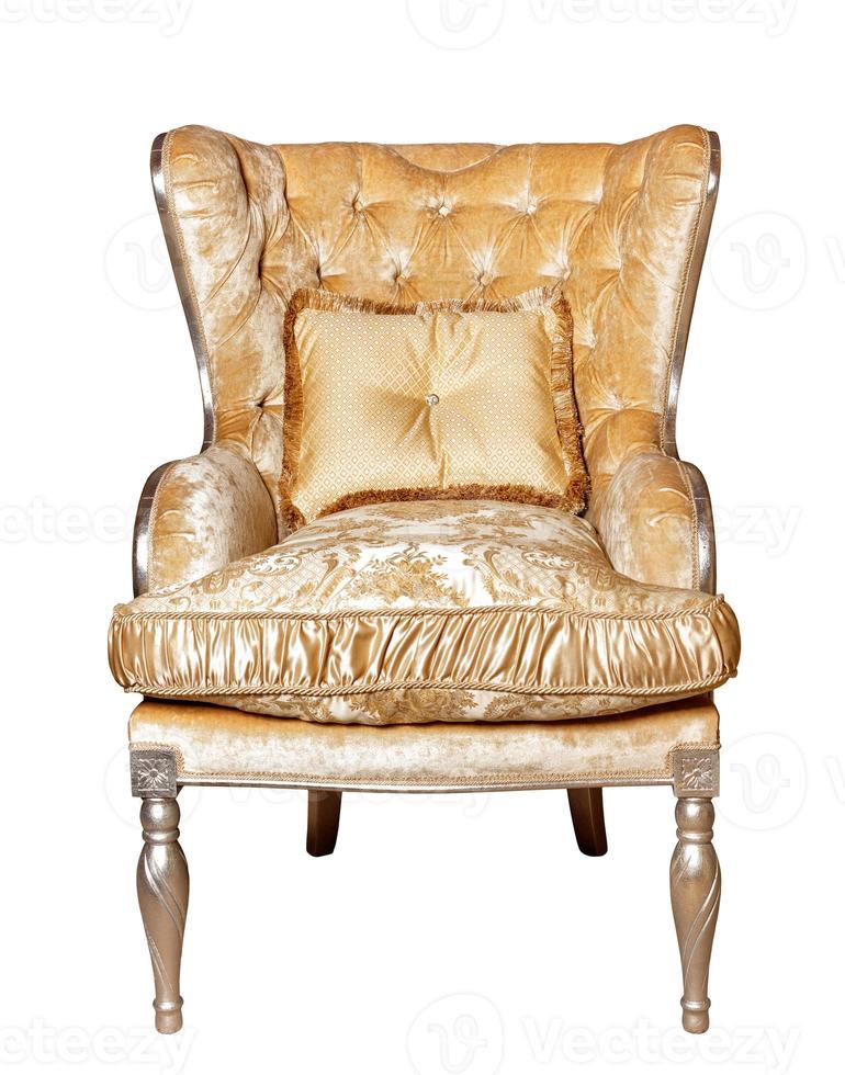 Luxurious upholstered armchair with brocade silver upholstery, isolated on a white background. photo