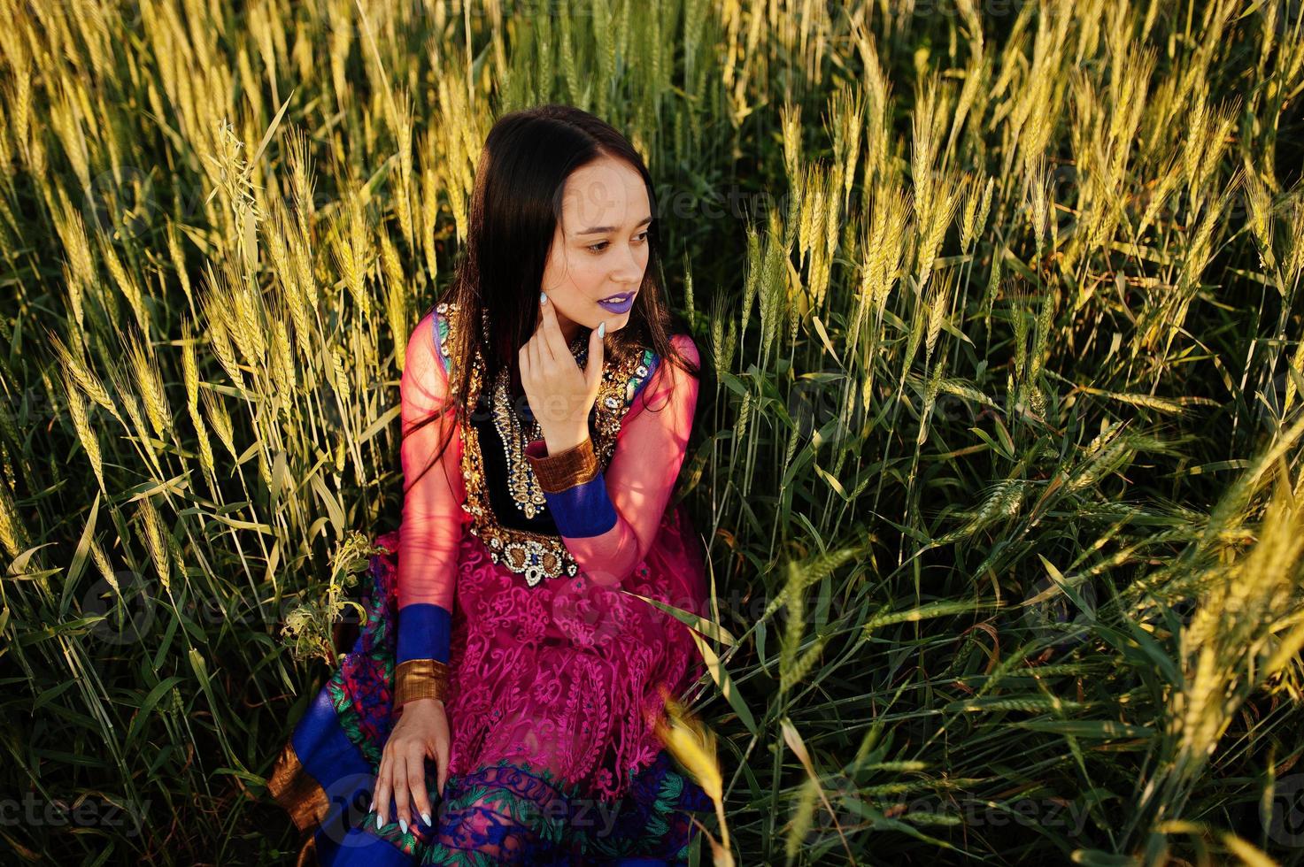 Tender indian girl in saree, with violet lips make up posed at field in sunset. Fashionable india model. photo