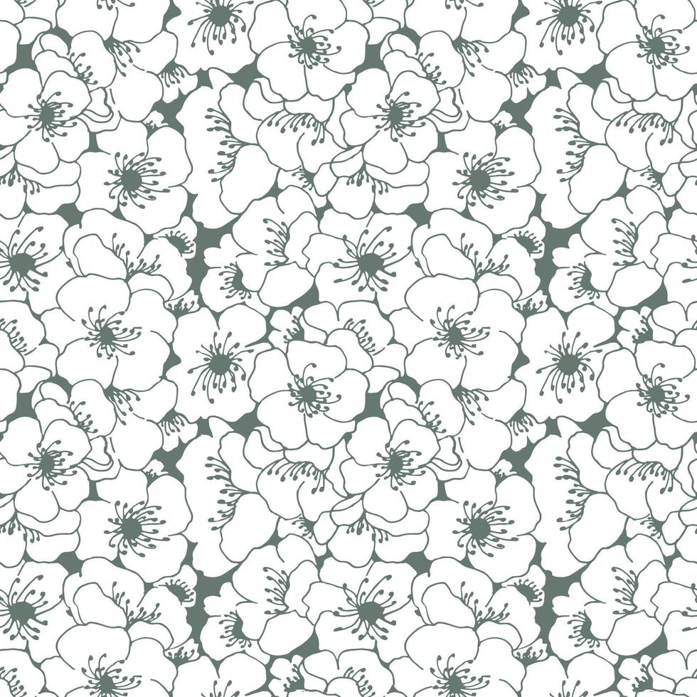Stylized apple tree flowers line art seamless pattern. Summer vector flowers pattern.