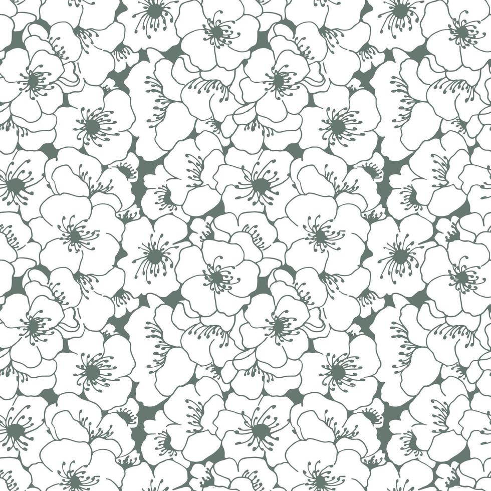 Stylized apple tree flowers line art seamless pattern. Summer vector flowers pattern.