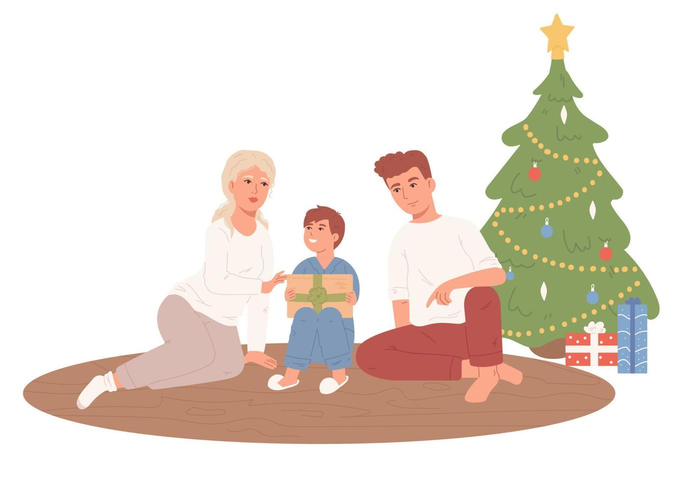 familia dando regalos cerca del árbol de navidad vector