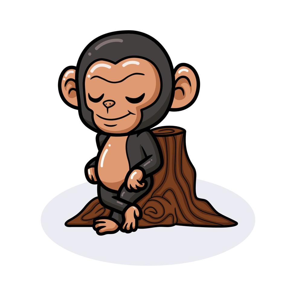 Cute baby chimpanzee cartoon leaning against tree stump vector