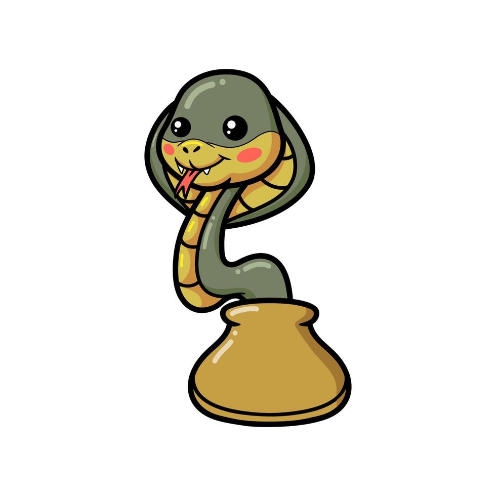 linda pequeña caricatura de serpiente cobra fuera de la bolsa vector