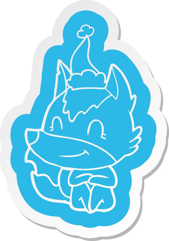 friendly cartoon  sticker of a wolf wearing santa hat vector