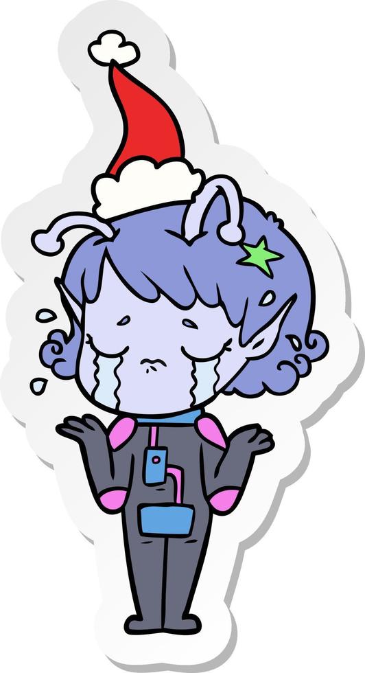 sticker cartoon of a crying alien girl wearing santa hat vector