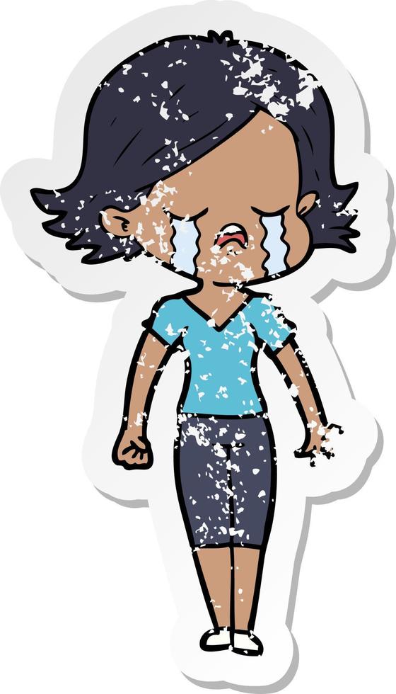 pegatina angustiada de una niña de dibujos animados llorando vector