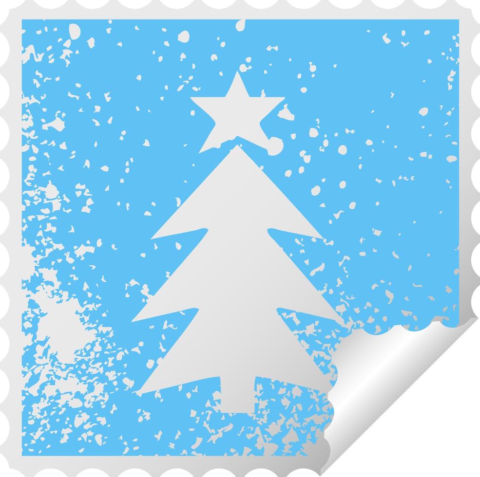 árbol de navidad con el símbolo de la etiqueta engomada de la peladura cuadrada angustiada vector