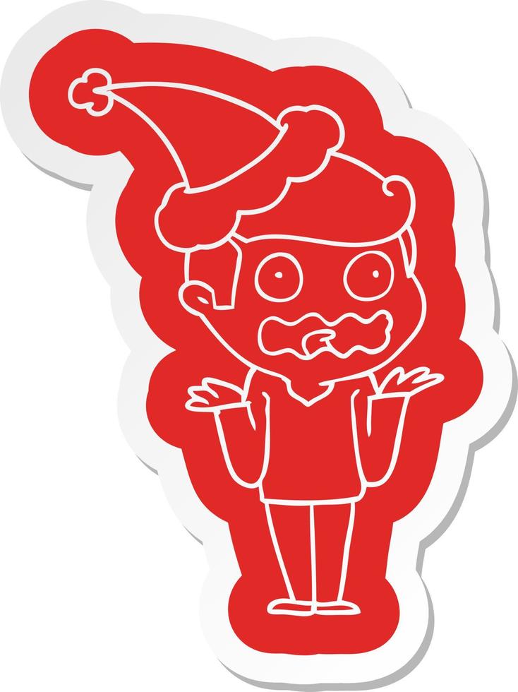 cartoon  sticker of a man totally stressed out wearing santa hat vector