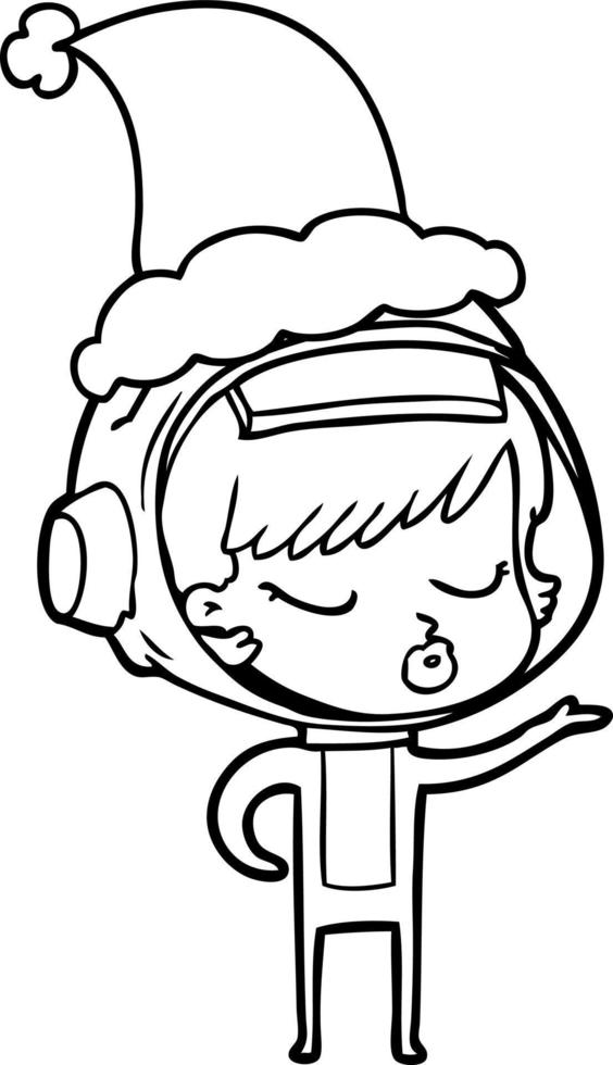 line drawing of a pretty astronaut girl wearing santa hat vector