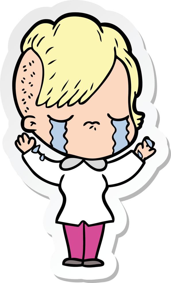sticker of a cartoon crying girl vector