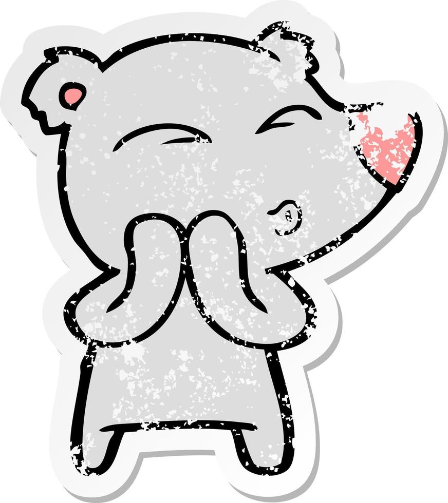 distressed sticker of a cartoon whistling bear vector