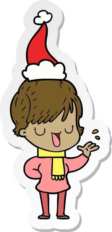 sticker cartoon of a woman talking wearing santa hat vector