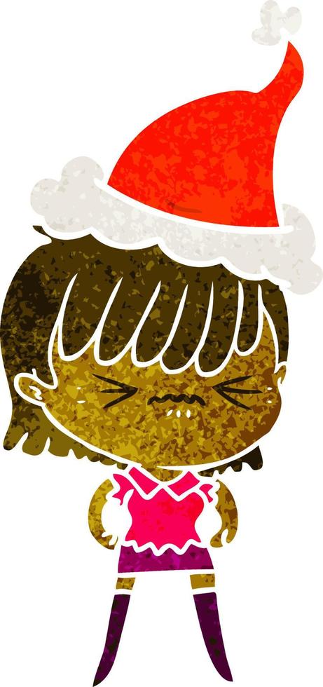 annoyed retro cartoon of a girl wearing santa hat vector