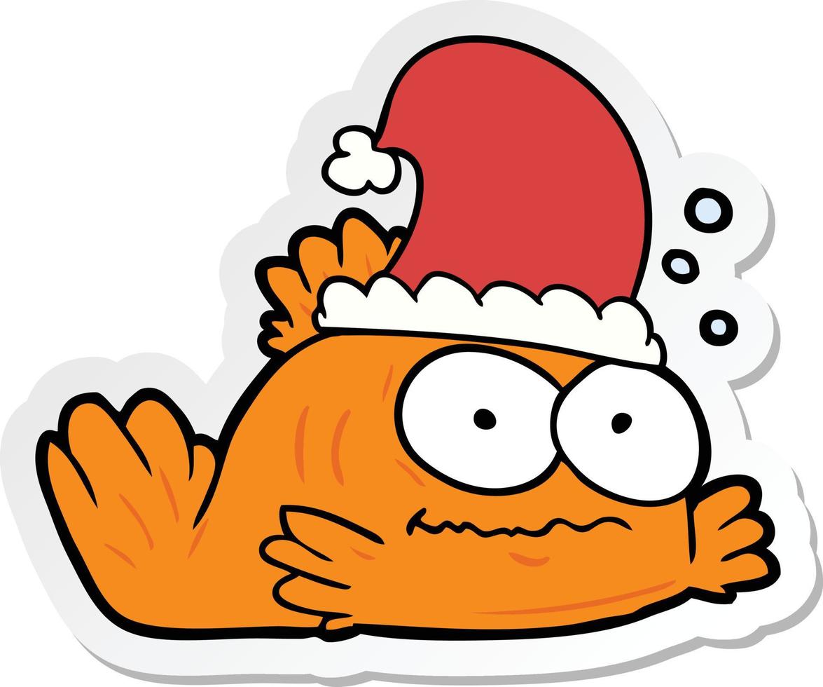 sticker of a cartoon goldfish wearing xmas hat vector