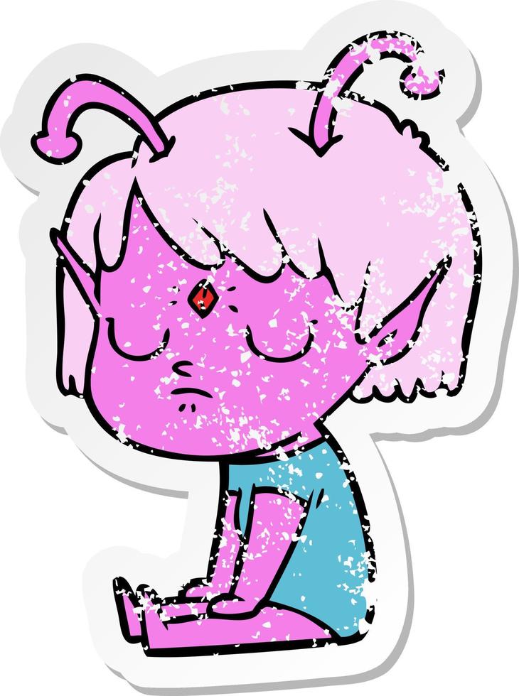 distressed sticker of a cartoon alien girl vector