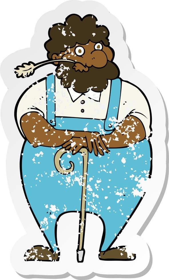 retro distressed sticker of a cartoon farmer leaning on walking stick vector