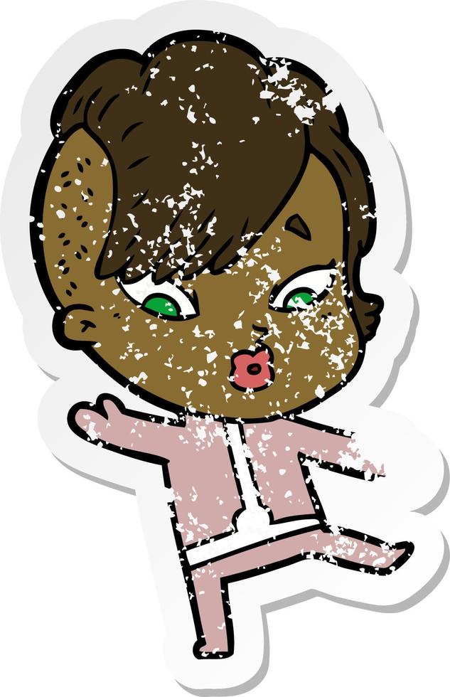 distressed sticker of a cartoon surprised girl in science fiction clothes vector