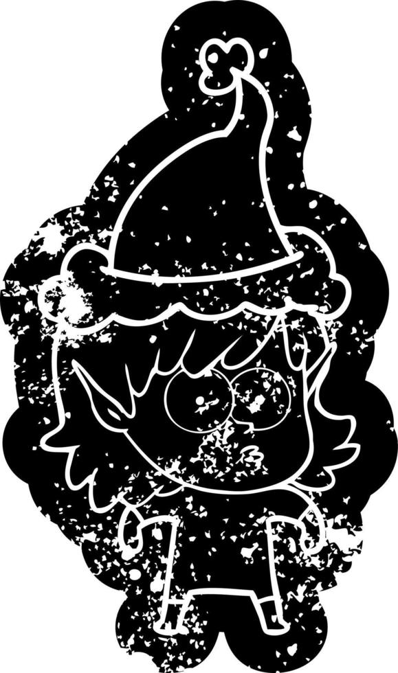 cartoon distressed icon of a elf girl staring wearing santa hat vector