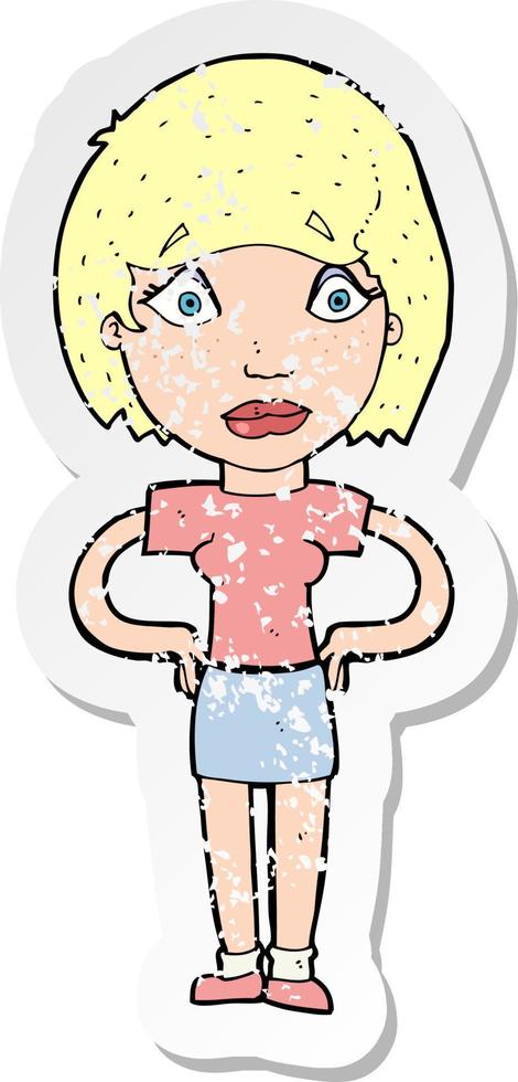 retro distressed sticker of a cartoon worried woman vector