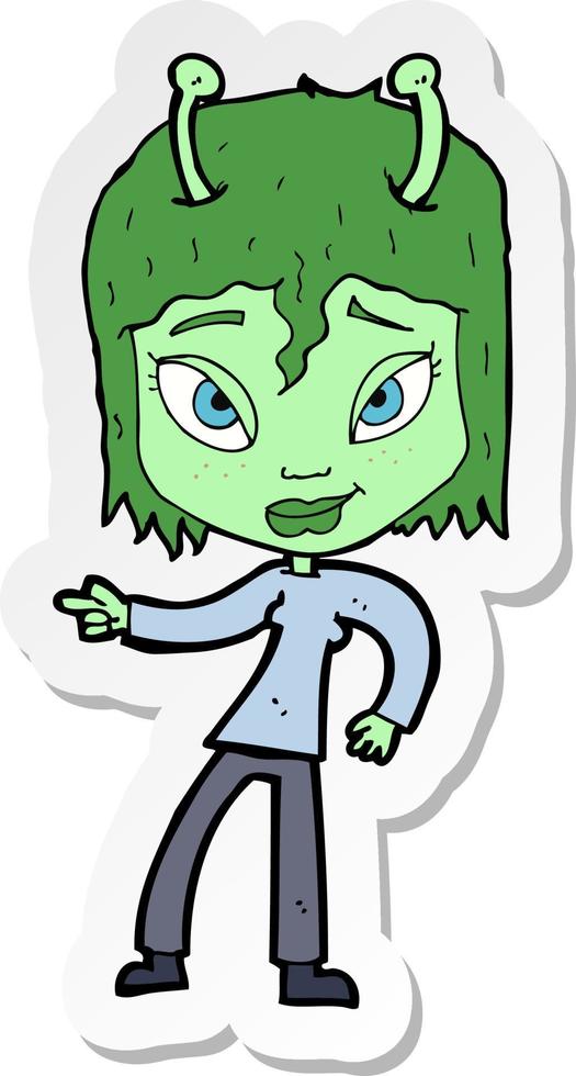 sticker of a cartoon alien woman vector