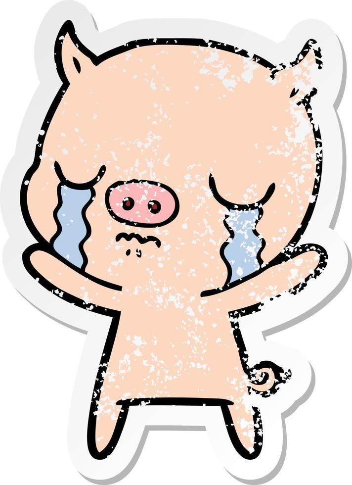 distressed sticker of a cartoon pig crying vector