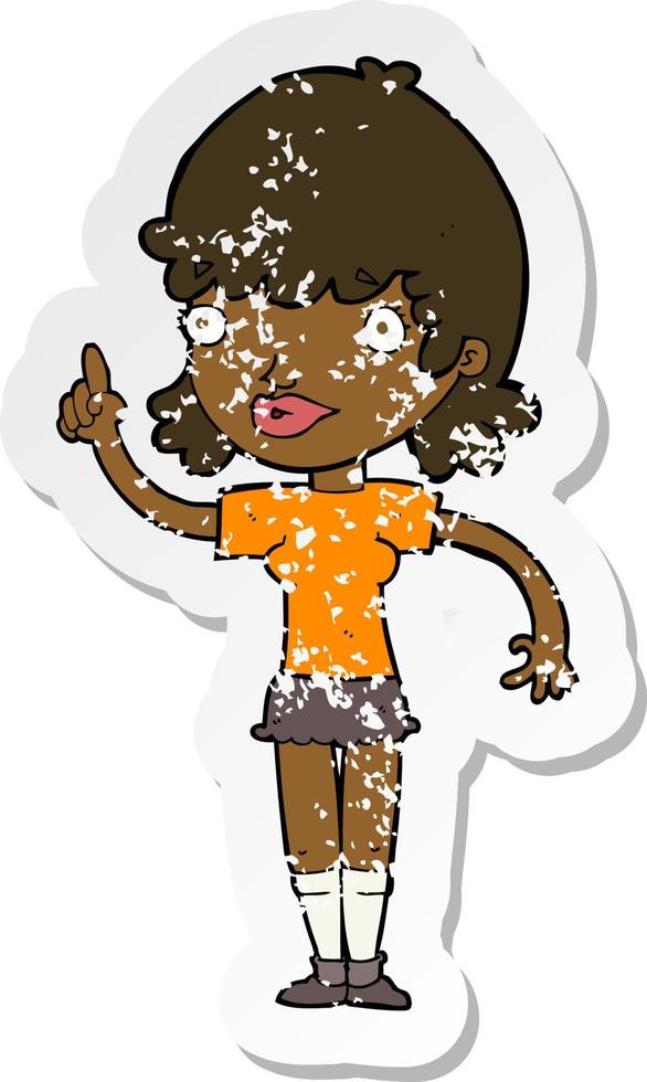 retro distressed sticker of a cartoon woman with idea vector
