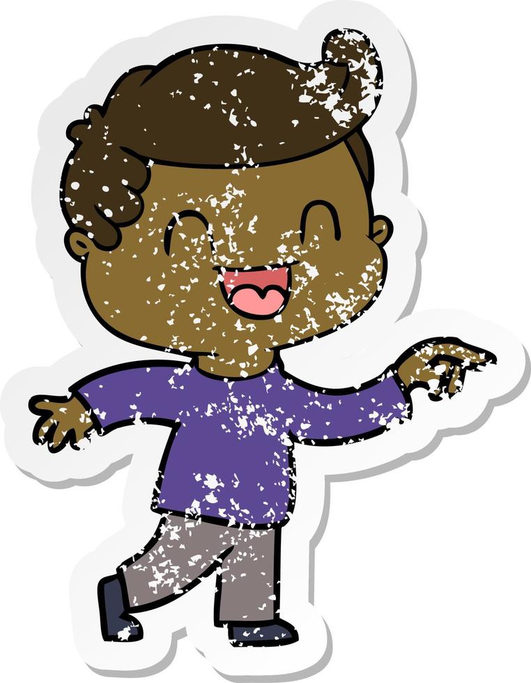 distressed sticker of a cartoon happy man pointing vector