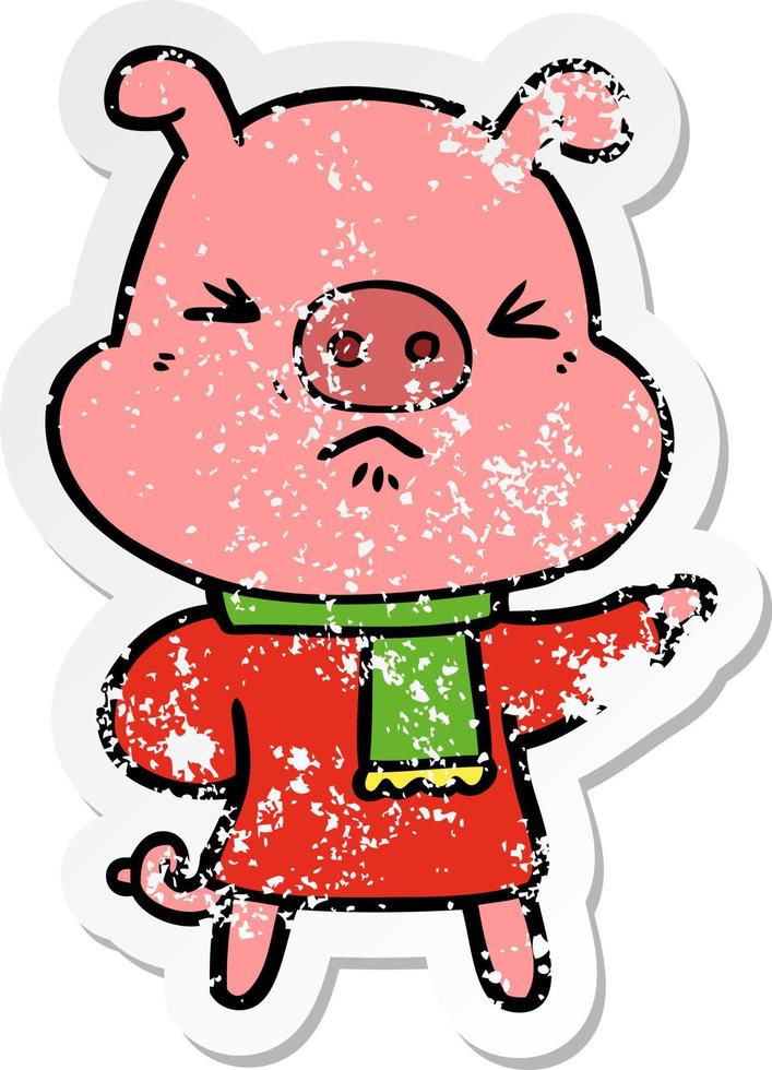 distressed sticker of a cartoon angry pig vector