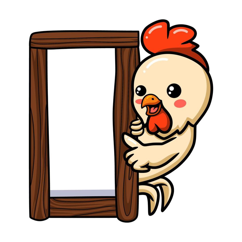 linda caricatura de gallo pequeño con tablero de madera vector