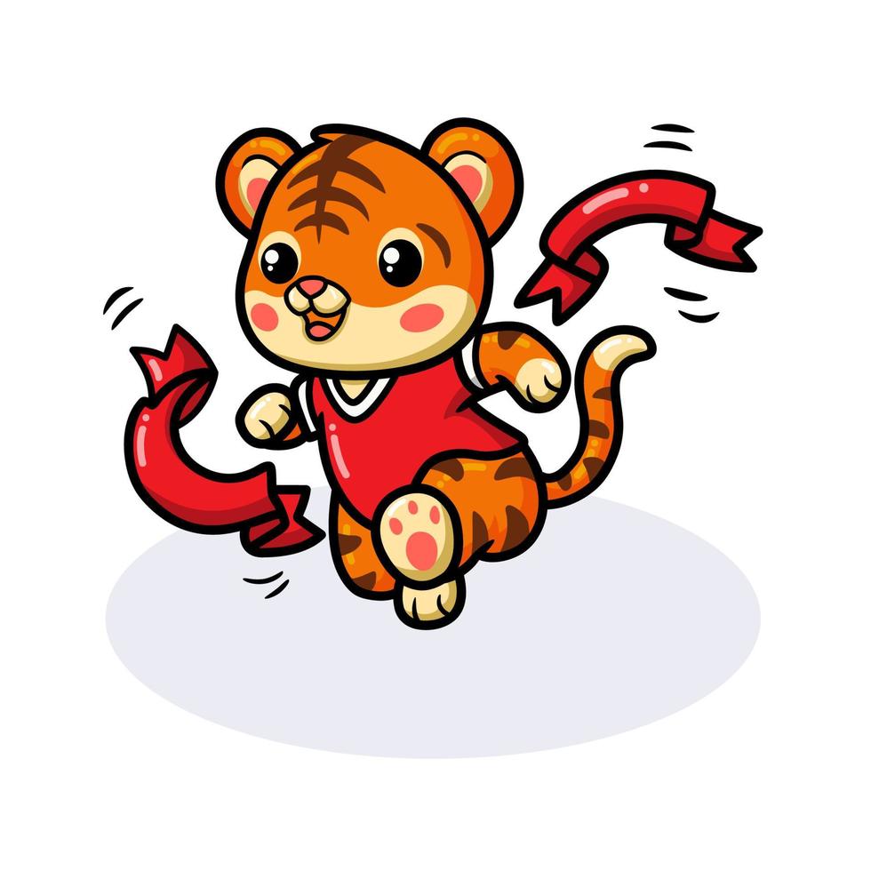 Cute little tiger cartoon wins by crossing the finish line vector