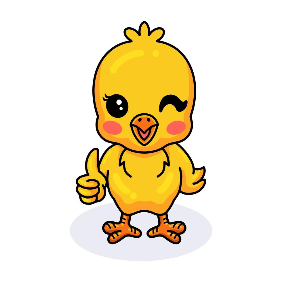 linda caricatura de pollito amarillo dando pulgar hacia arriba vector