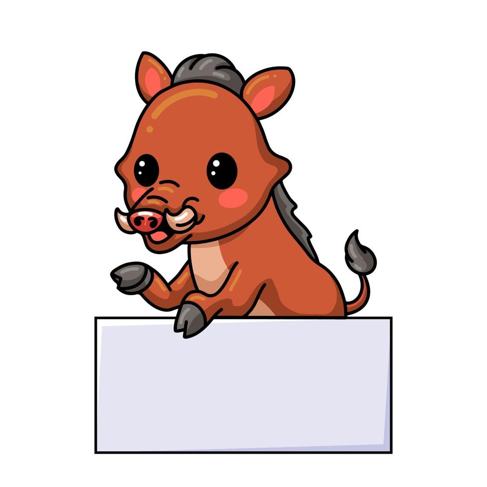 Cute little wild boar cartoon with blank sign vector