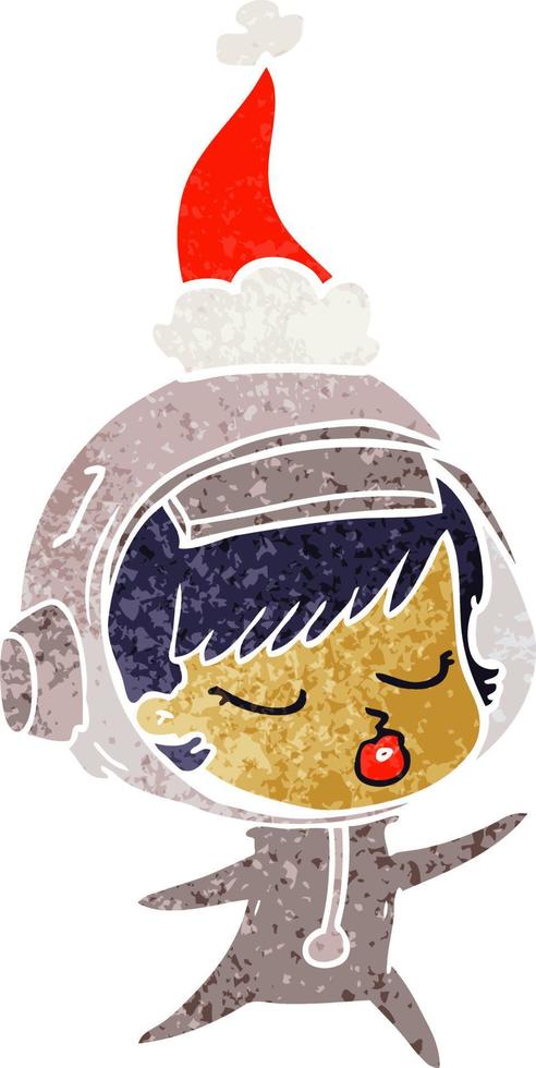 caricatura retro de una linda astronauta con sombrero de santa vector