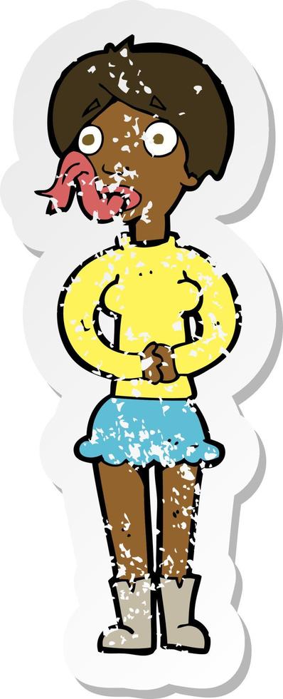 retro distressed sticker of a cartoon woman with snake tongue vector