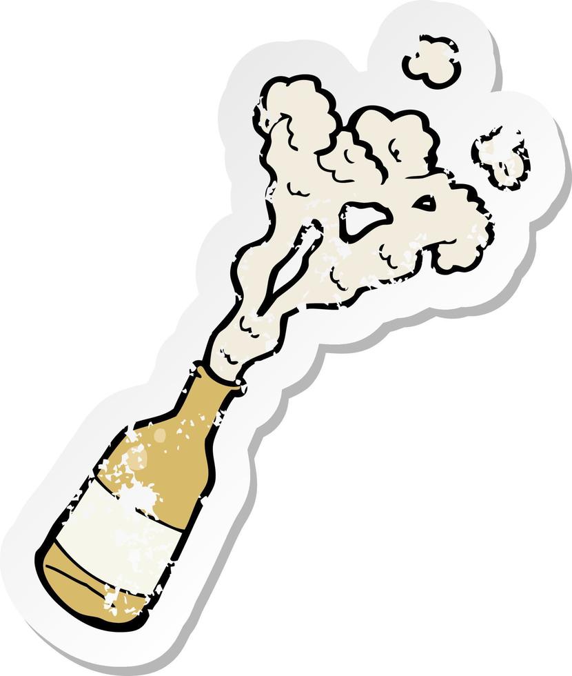 retro distressed sticker of a cartoon beer bottle vector