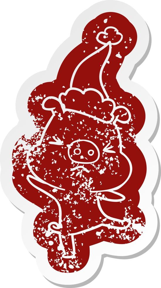 cartoon distressed sticker of a furious pig wearing santa hat vector