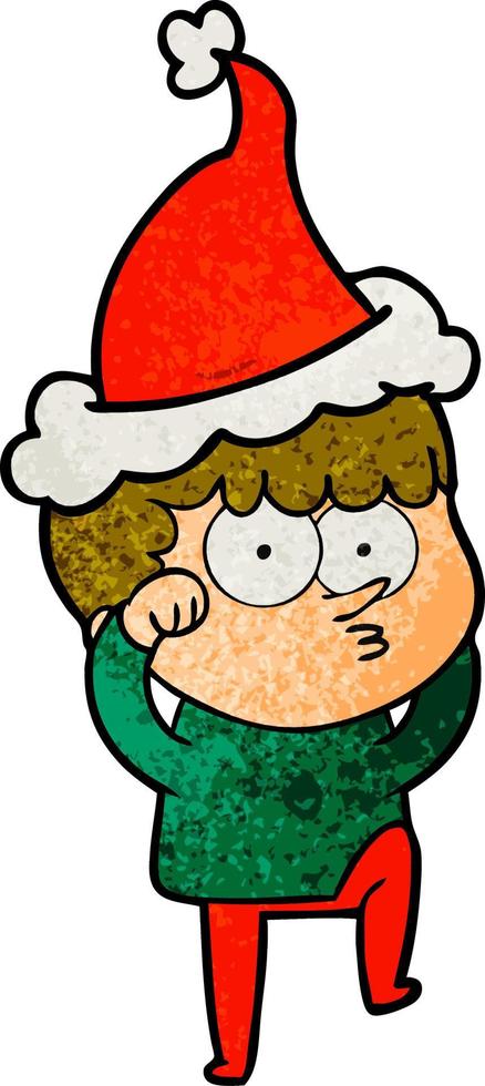 caricatura texturizada de un niño curioso frotándose los ojos con incredulidad usando sombrero de santa vector