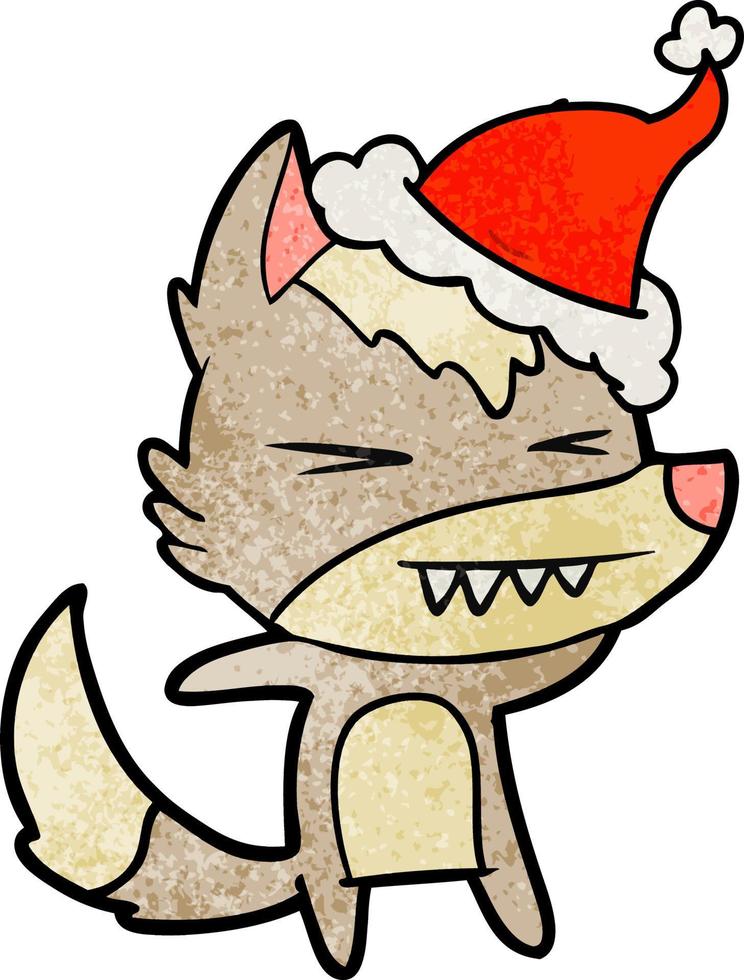 angry wolf textured cartoon of a wearing santa hat vector