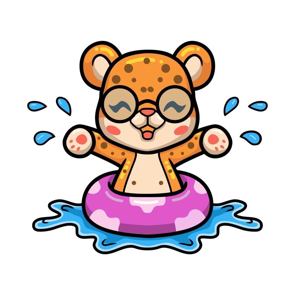 dibujos animados lindo bebé leopardo con anillo inflable vector