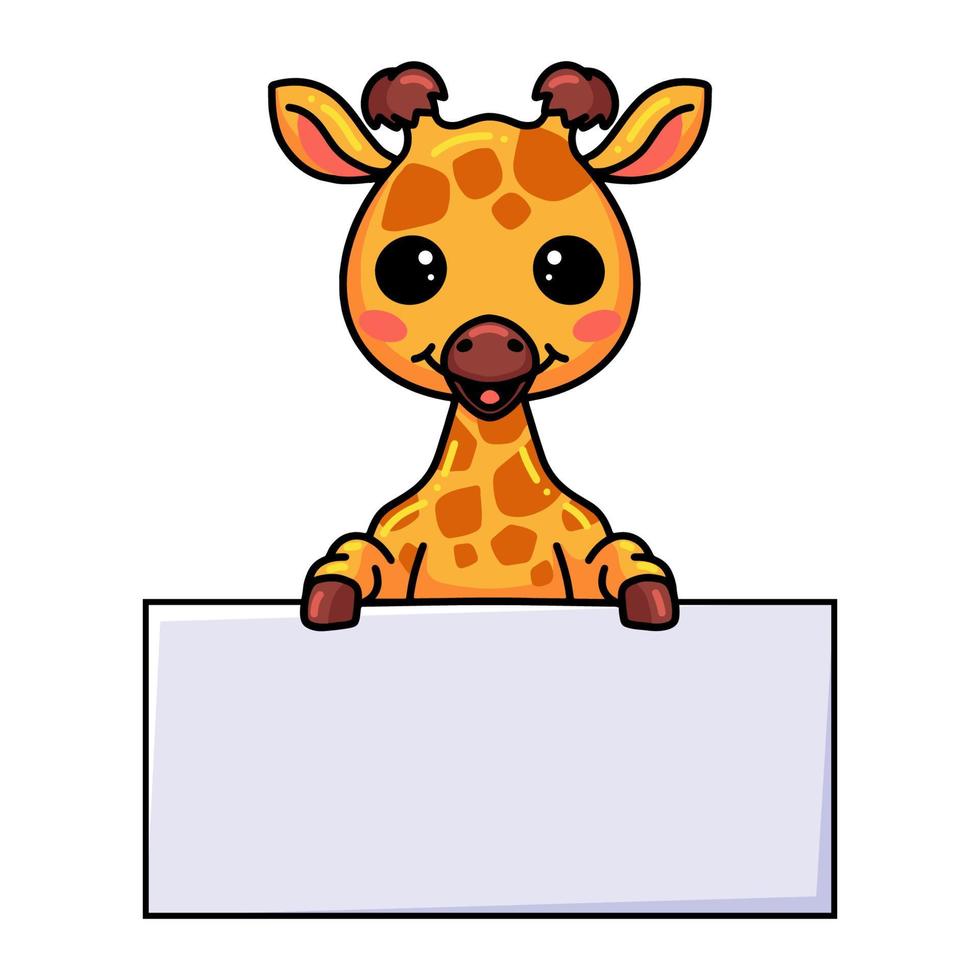 Linda pequeña caricatura de jirafa con signo en blanco vector