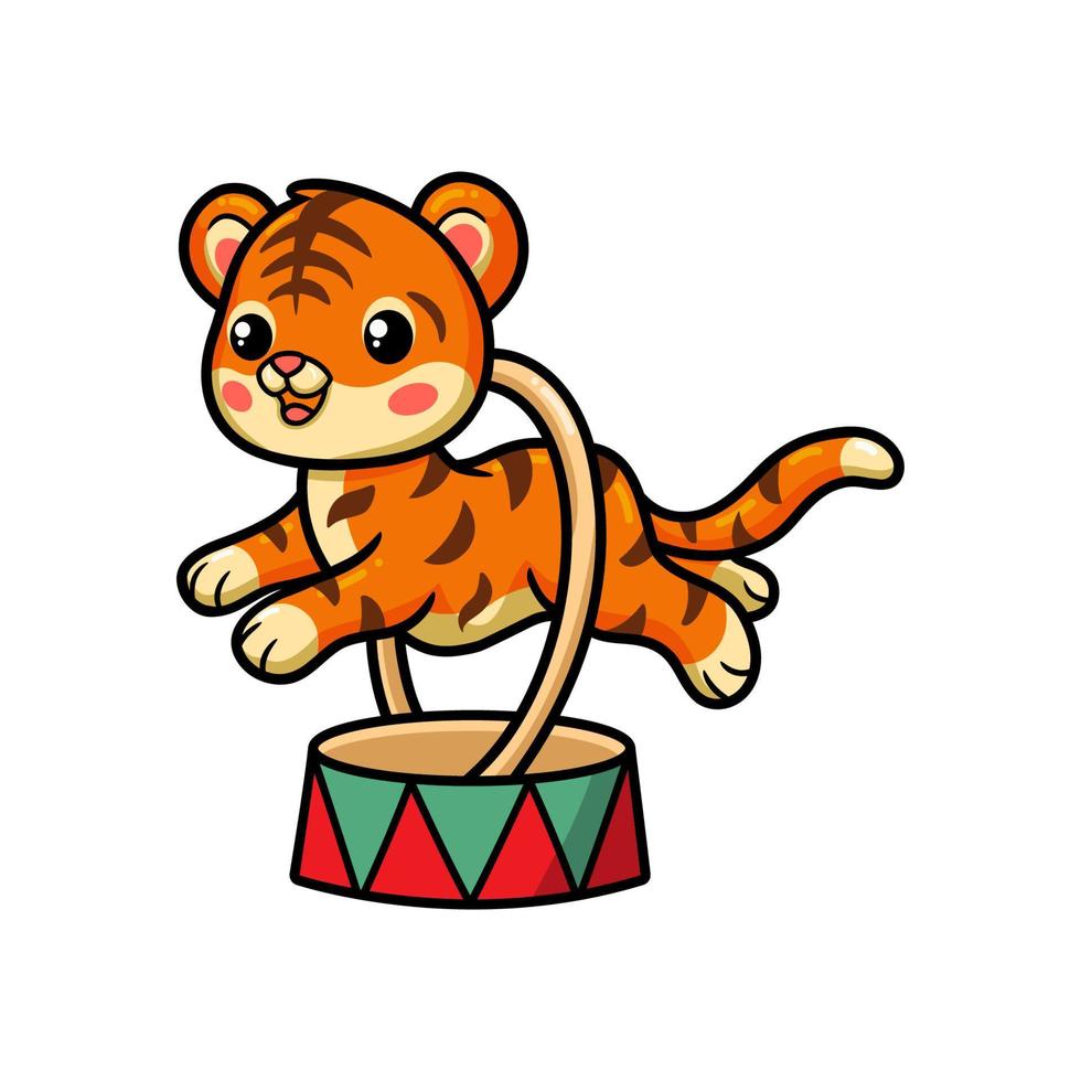 Cute little circus tiger jumping through ring vector