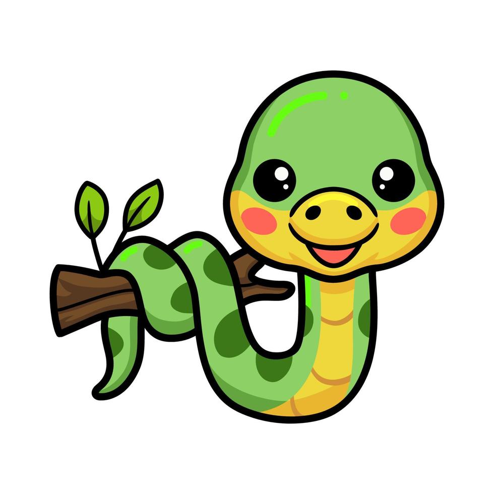Cute little green snake cartoon on tree branch vector