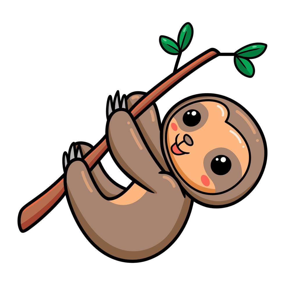 Cute baby sloth cartoon hanging on tree branch vector