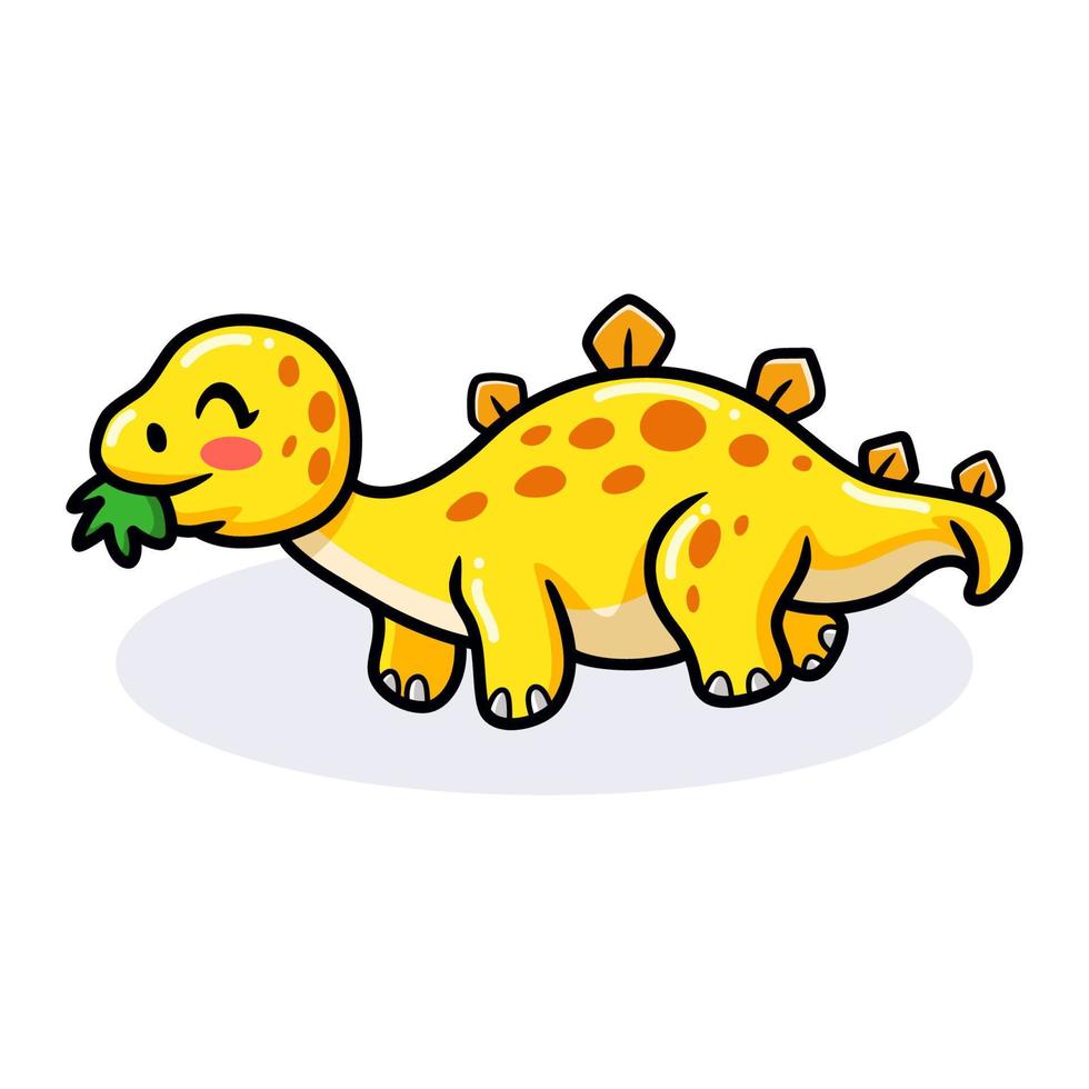 linda pequeña caricatura de estegosaurio comiendo hojas vector