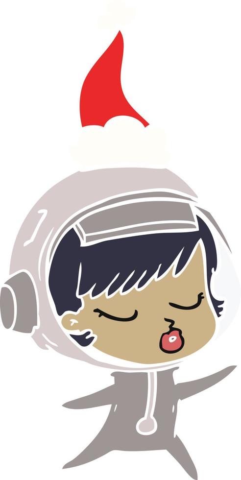 flat color illustration of a pretty astronaut girl wearing santa hat vector