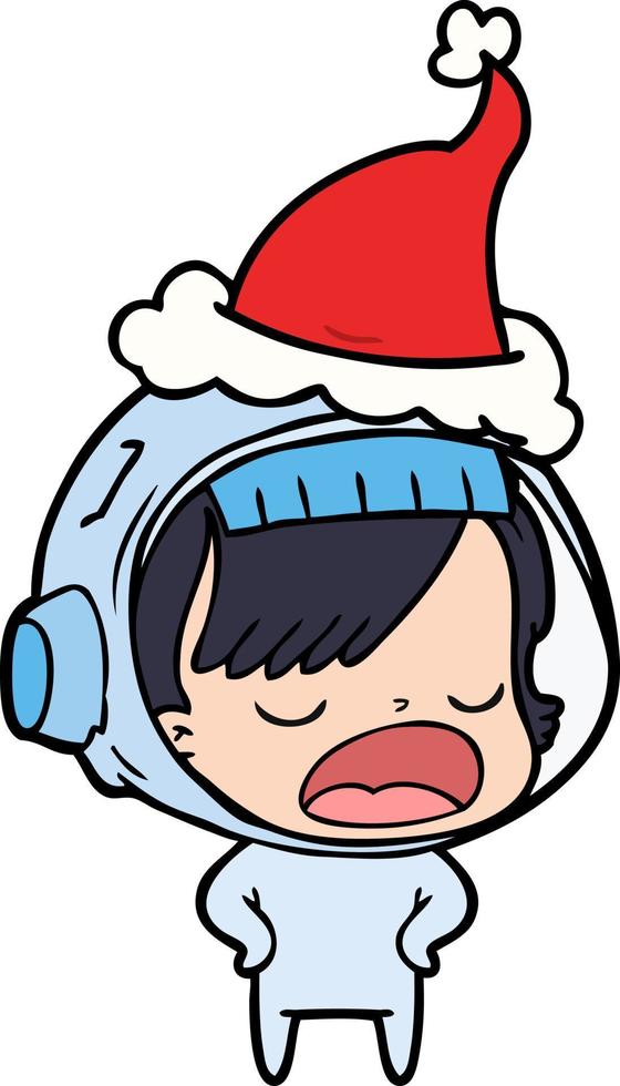 line drawing of a astronaut woman explaining wearing santa hat vector