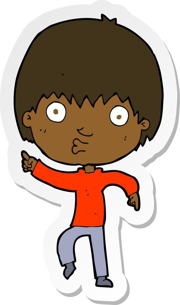 sticker of a cartoon impressed boy pointing vector