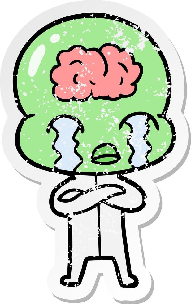 distressed sticker of a cartoon big brain alien crying vector